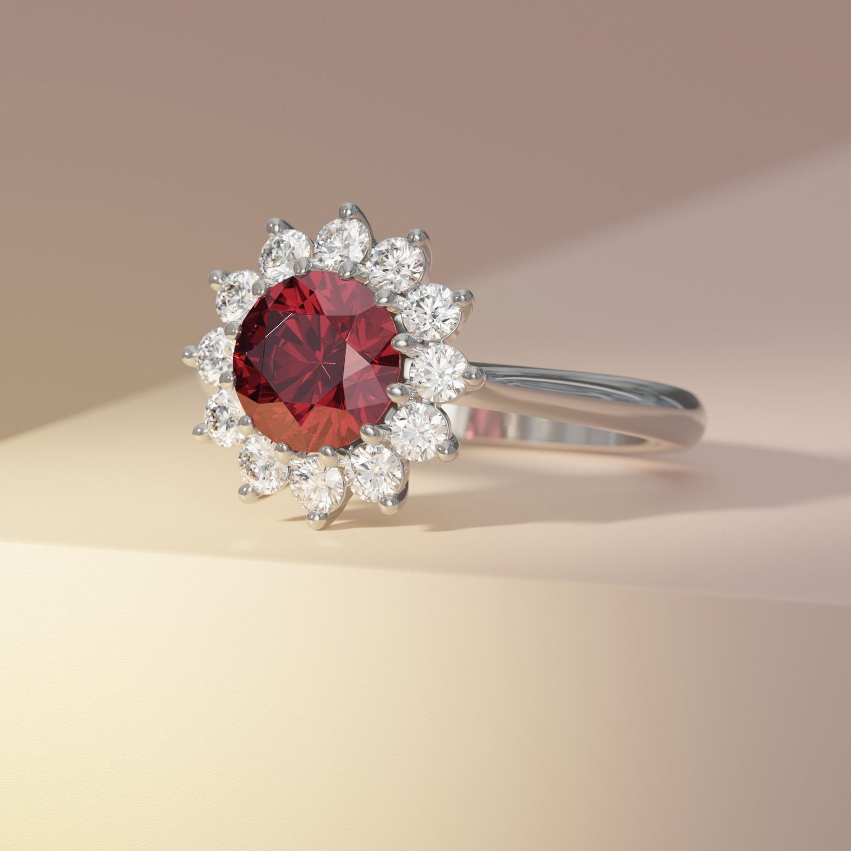 Round Ruby Snowflake with Diamond Halo Cluster