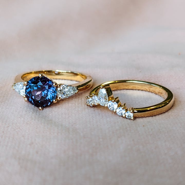 Alexandrite 3 stone engagement ring with wedding band.jpg
