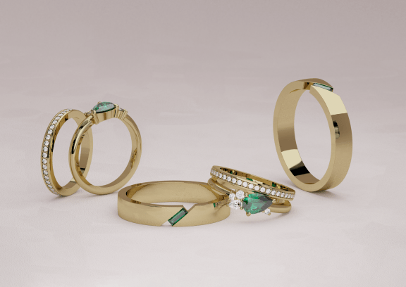 His & hers Emerald Bridal Set in 14k Gold