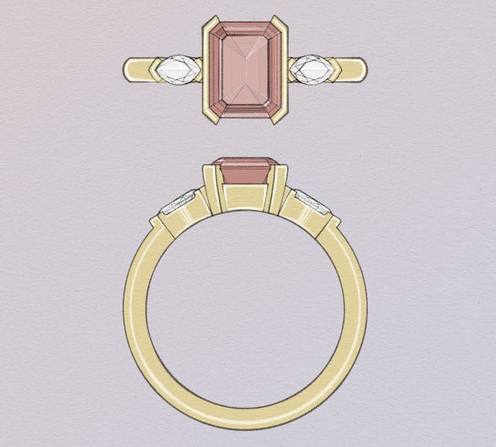 Emerald Cut Ruby with half bezels with two accenting Marquise Diamonds in a yellow gold band