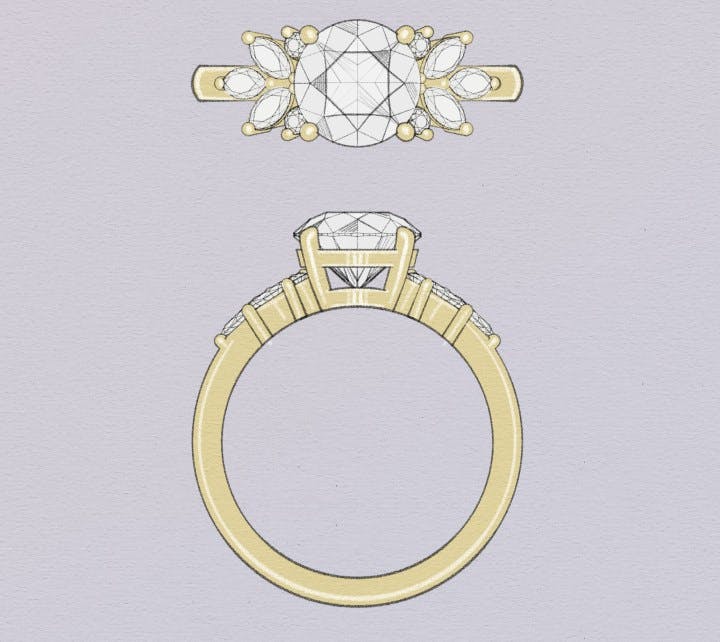 Round cut centre diamond with accenting marquise diamonds in a gold band