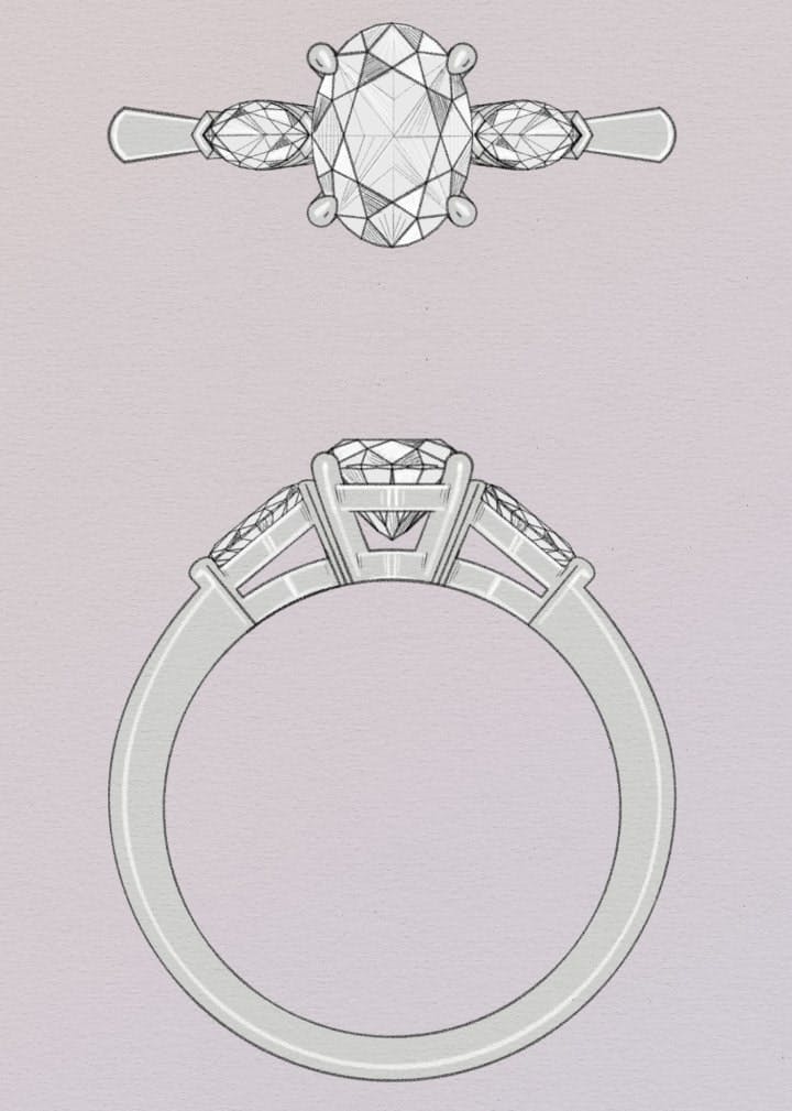 Three stone diamond engagement ring Oval centre with two Marquise Diamonds in a Platinum band 