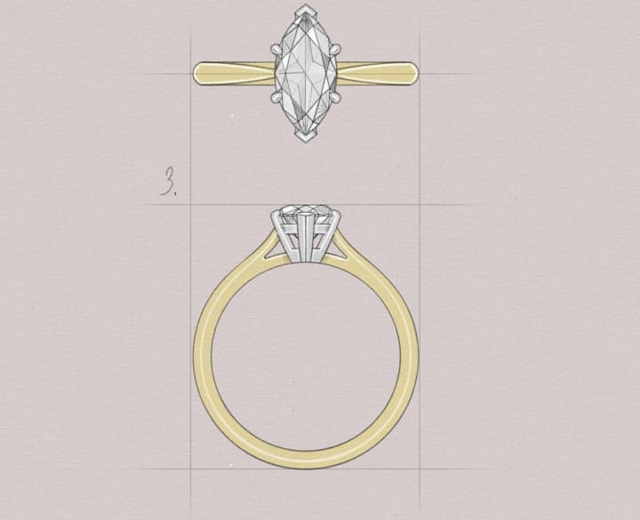 North-South Marquise Diamond with four prongs in a yellow band