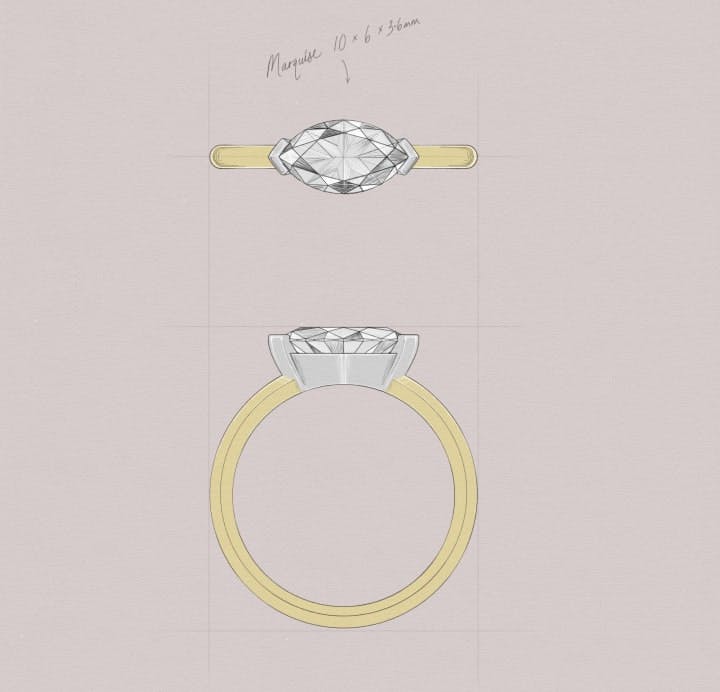 East-West Marquise Cut Diamond in a yellow gold band