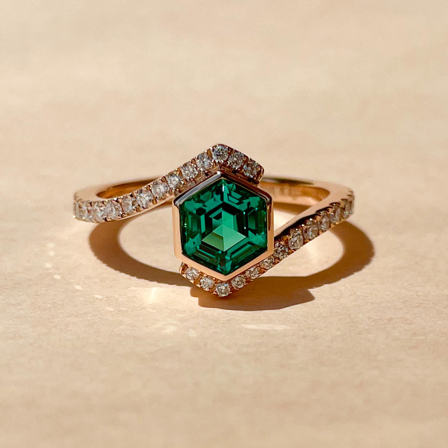 Rose Gold Octagonal Emerald Twisted Band Engagement Ring