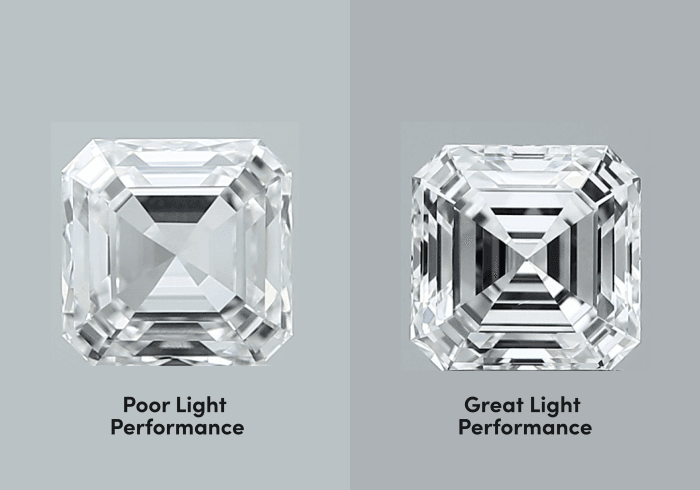 Asscher diamonds with the same grade but different light performance