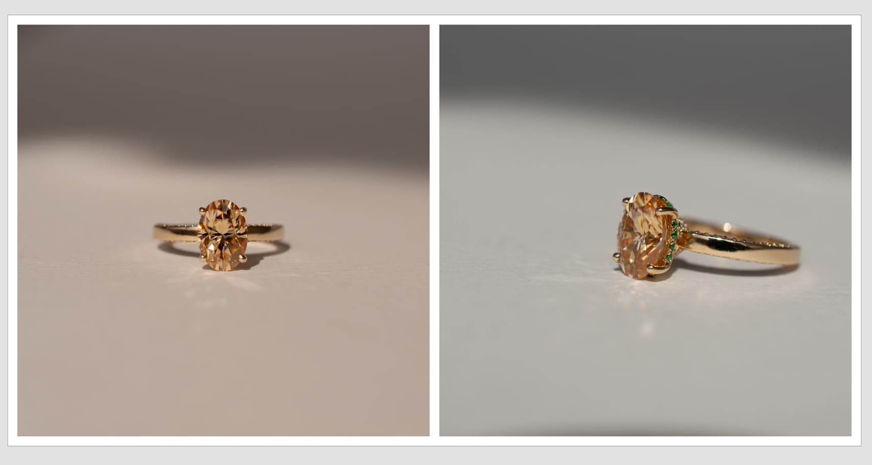 2 carat champagne diamond with hidden emerald halo in a yellow gold band 