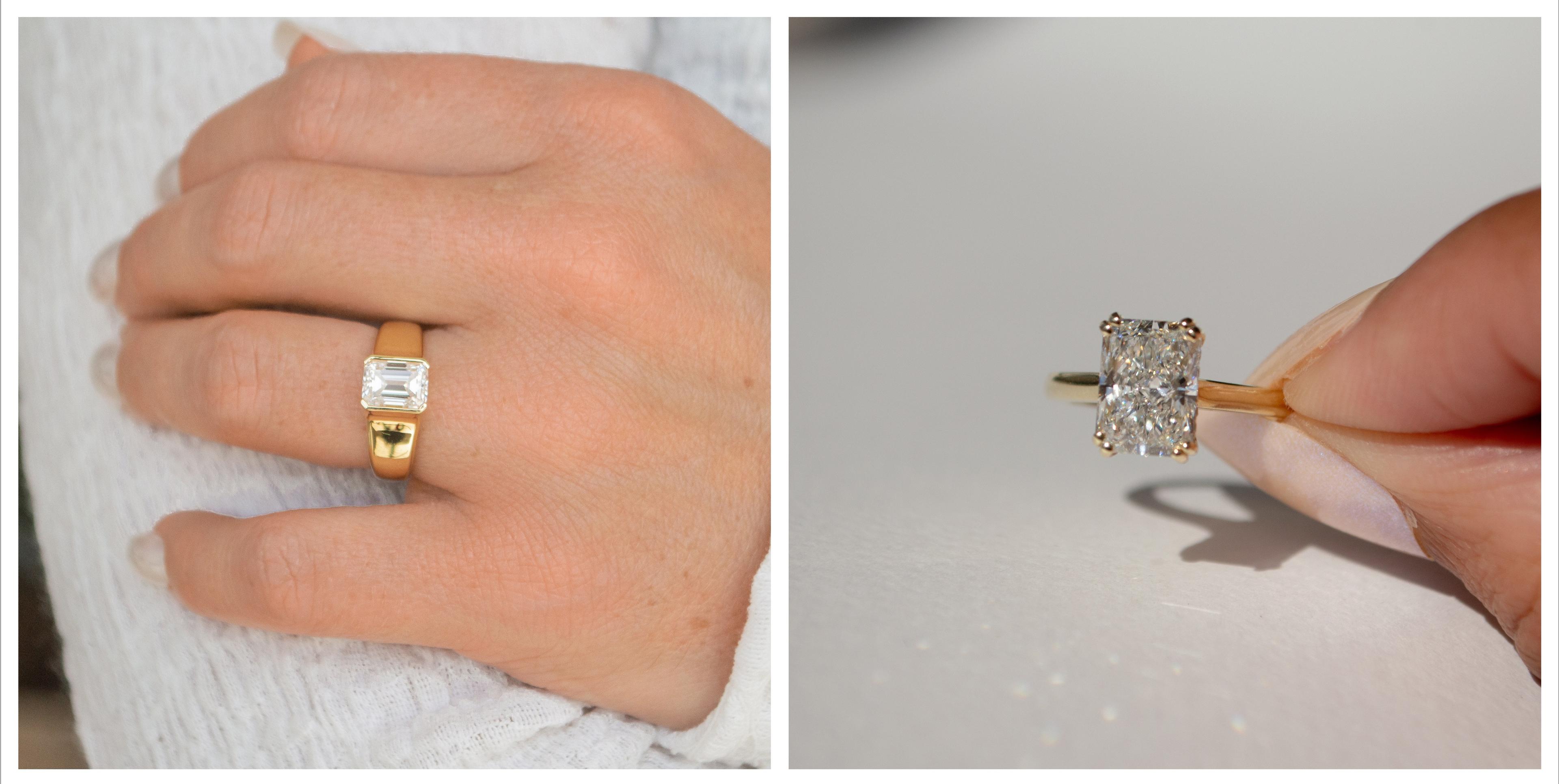 Custom emerald and cushion cut diamond engagement rings